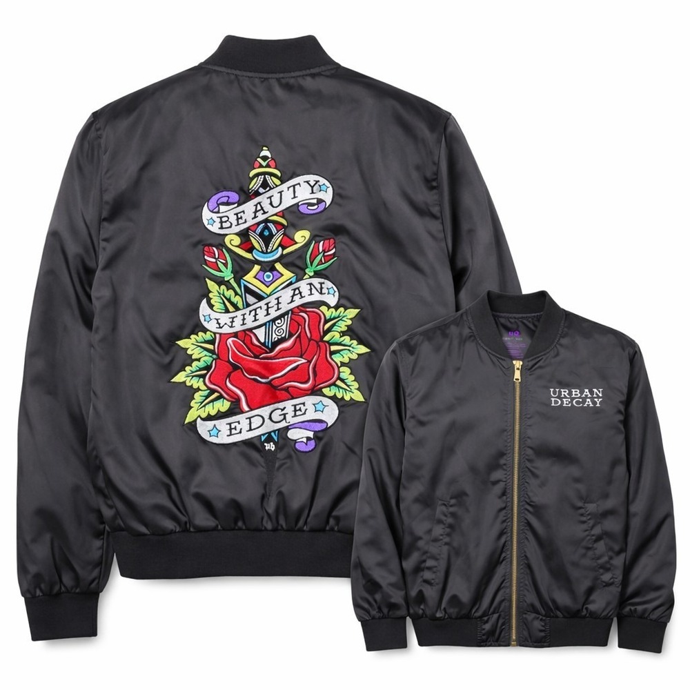 Urban Decay Black Bomber Jacket with Red Rose Design